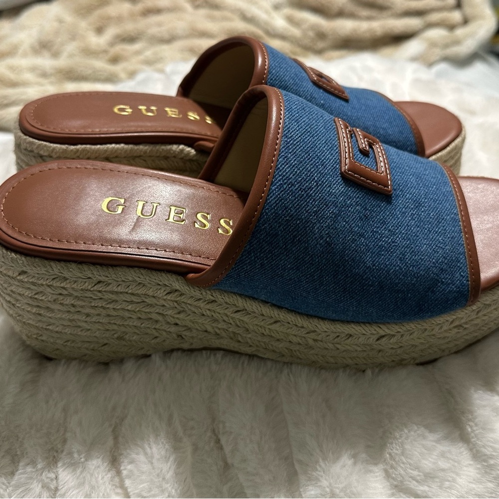 GUESS Denim Blue and Tan Espadrille Slides
